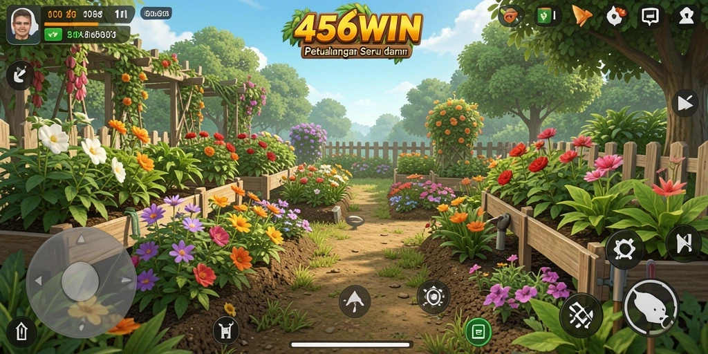 Screenshot gameplay 456WIN dengan petak pertanian yang rimbun.