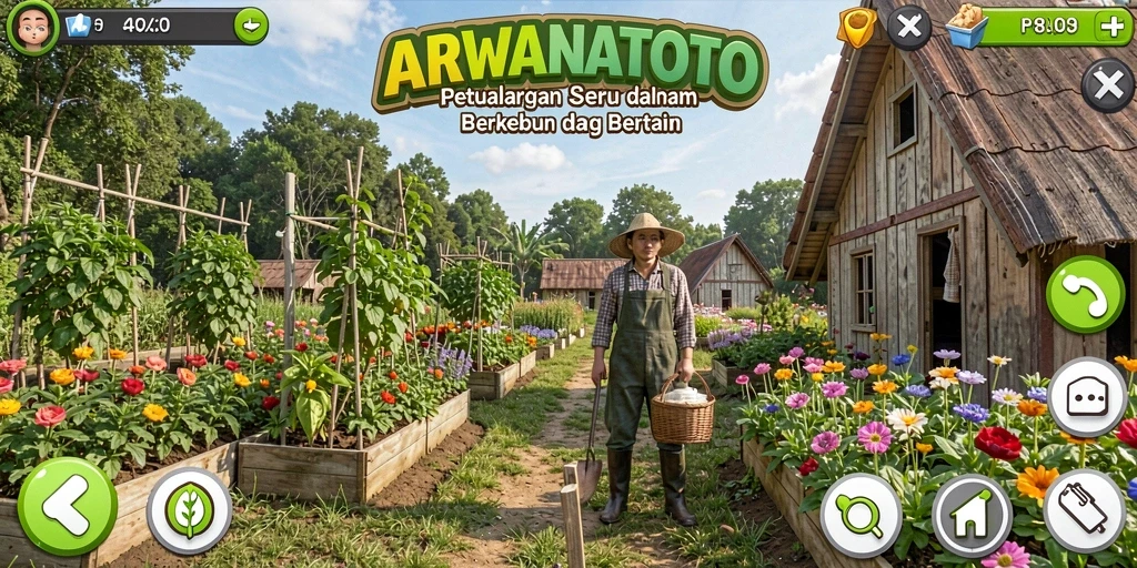 Screenshot gameplay ARWANATOTO menampilkan suasana berkebun yang ceria.