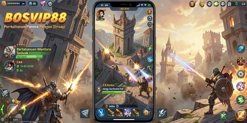 Screenshot gameplay <strong>BOSVIP88</strong> menunjukkan aksi pertahanan menara yang mendebarkan.