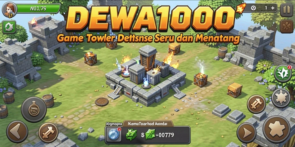 Tangkapan layar permainan DEWA1000 menampilkan suasana Tower Defense yang dinamis.