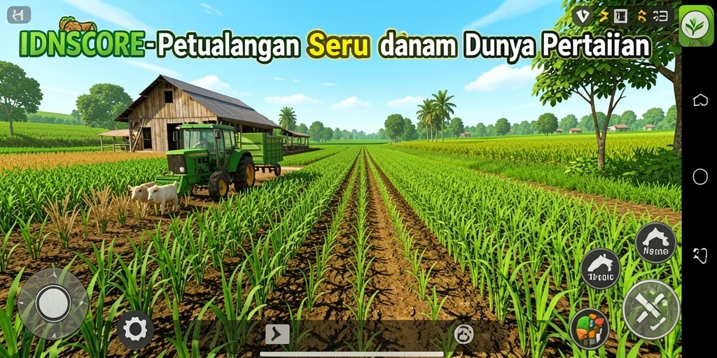 Tangkapan layar gameplay <strong>IDNSCORE</strong> menunjukkan aktivitas bertani yang seru dan interaktif.