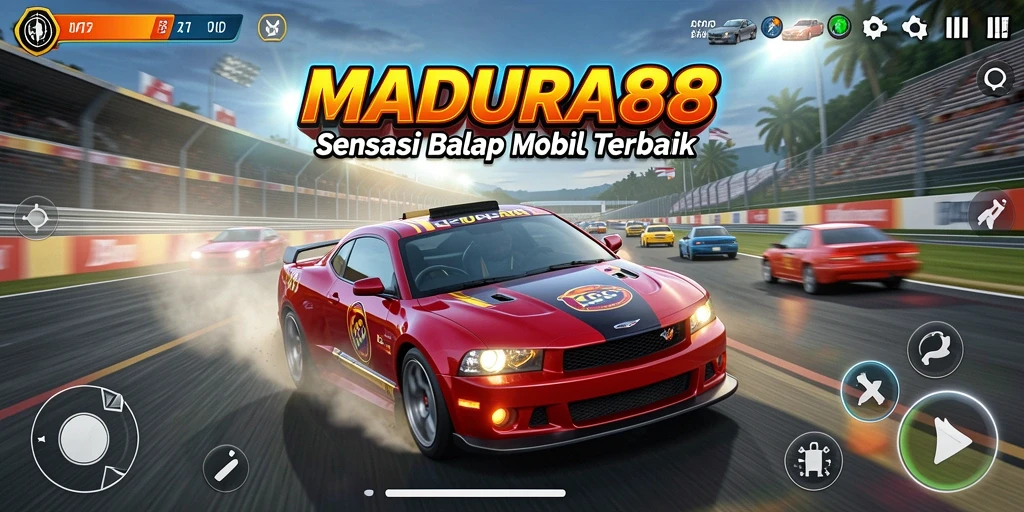 Screenshot gameplay MADURA88 menampilkan aksi balap mobil yang seru.