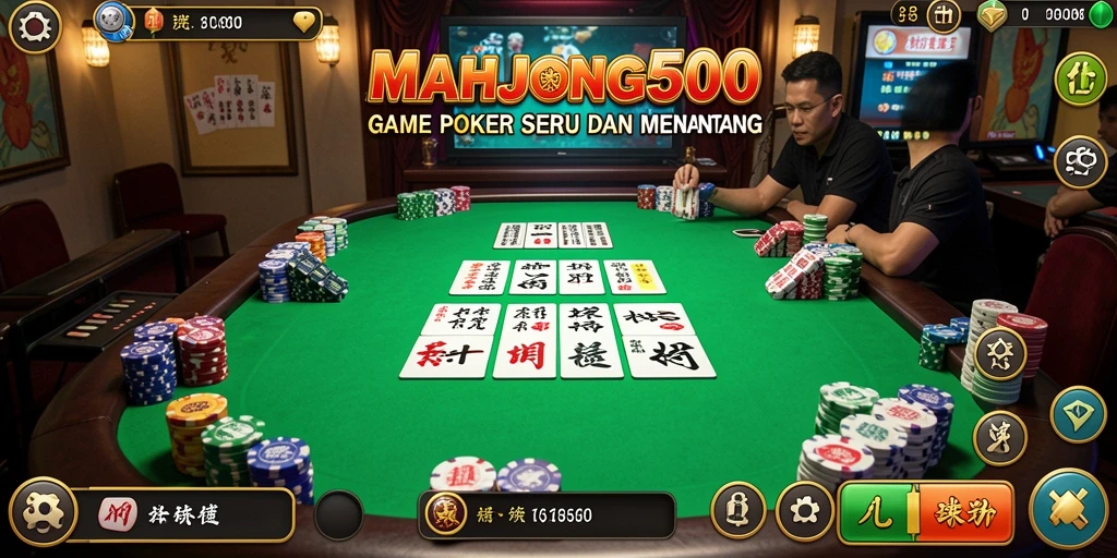 Tampilan gameplay seru dalam MAHJONG500, menampilkan aksi poker yang mendebarkan.