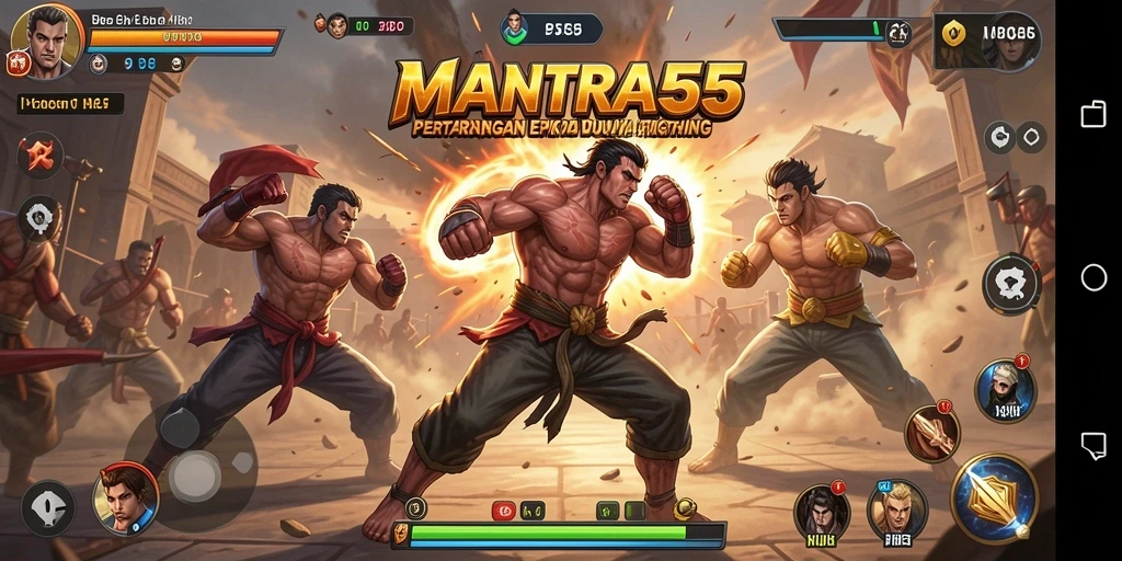 Screenshot menunjukkan pertarungan seru dalam MANTRA55 dengan karakter yang beraksi.