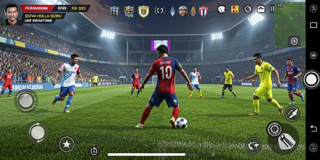 Screenshot gameplay RR89 menampilkan aksi pertandingan sepak bola yang mendebarkan.