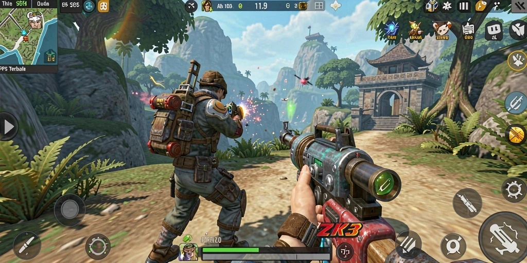 Gameplay seru ZK3 dengan aksi tembak-menembak menarik.