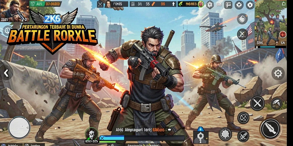 Tangkapan layar utama ZK6 menampilkan aksi pertarungan Battle Royale yang intens.
